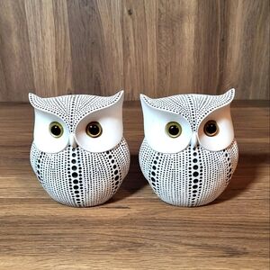Black and White Spotted Owl Pair  Figurine Statue Modern Decor Woodland Boho